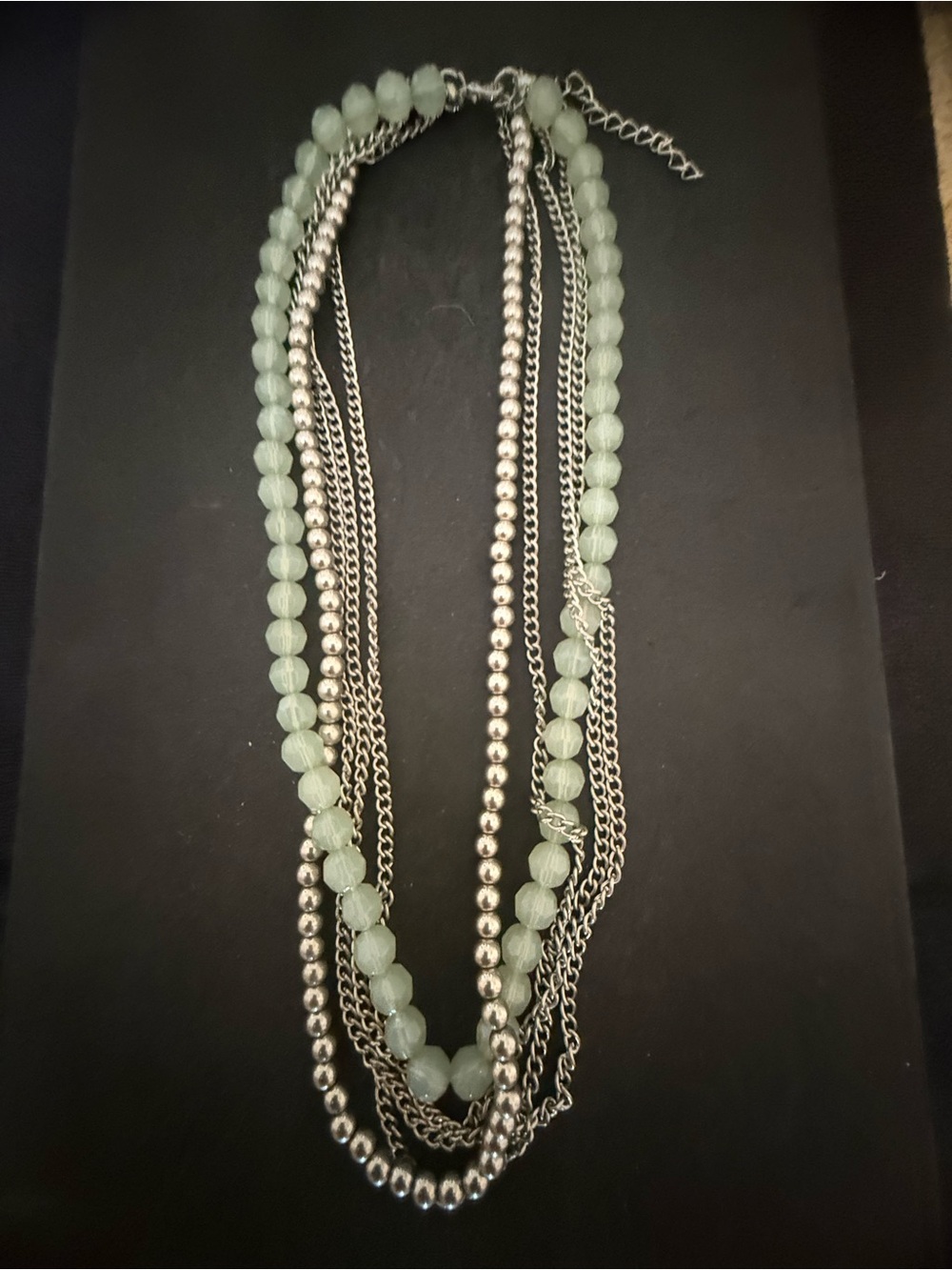 Layered Mint Green Bead & Silver Chain Necklace - Women Jewelry